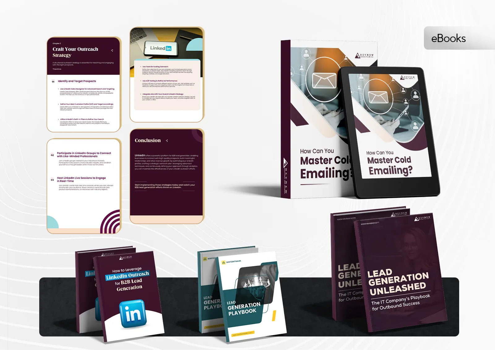 E-book covers and interior chapter pages on cold emailing, LinkedIn outreach and lead generation