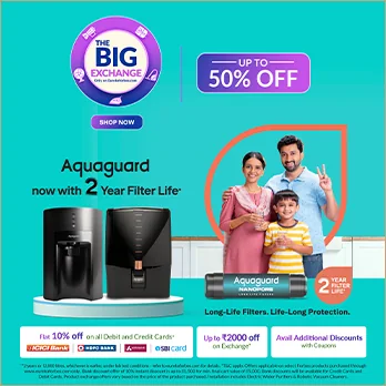Water purifier festive offer creative with a 50% off badge and family image