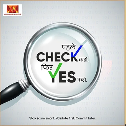 Public-awareness creative with a magnifying glass and a bilingual check-before-you-say-yes message